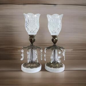 Vintage Glass Metal & Marble Base Candle Holders Hollywood Regency Set of 2